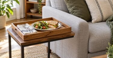 Illustration of a wooden serving tray with a sandwich and salad on a side table beside a gray sofa