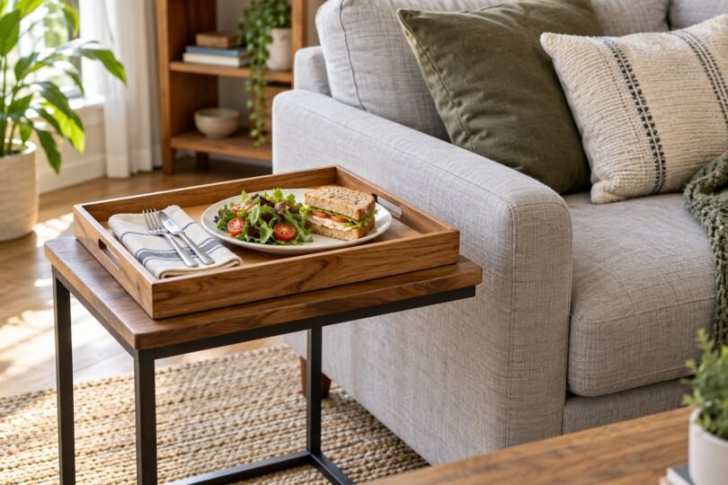 Illustration of a wooden serving tray with a sandwich and salad on a side table beside a gray sofa