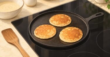Illustration of pancakes on a round griddle resting on a glass cooktop beside a wooden spatula.