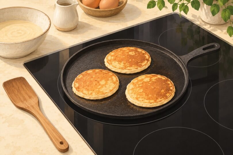 Illustration of pancakes on a round griddle resting on a glass cooktop beside a wooden spatula.