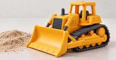 Illustration of an unbranded yellow toy bulldozer beside a small pile of sand.
