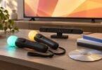 Illustration of two generic motion controllers, a camera and blank game cases beside a television.