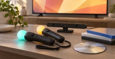Illustration of two generic motion controllers, a camera and blank game cases beside a television.