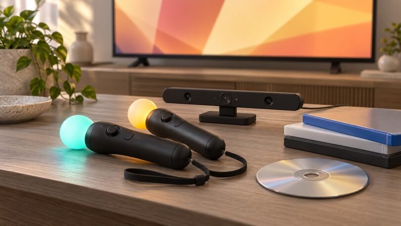 Illustration of two generic motion controllers, a camera and blank game cases beside a television.