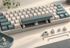 Illustration of an unbranded mechanical keyboard with a lifted spacebar and stabilizer parts on a workbench