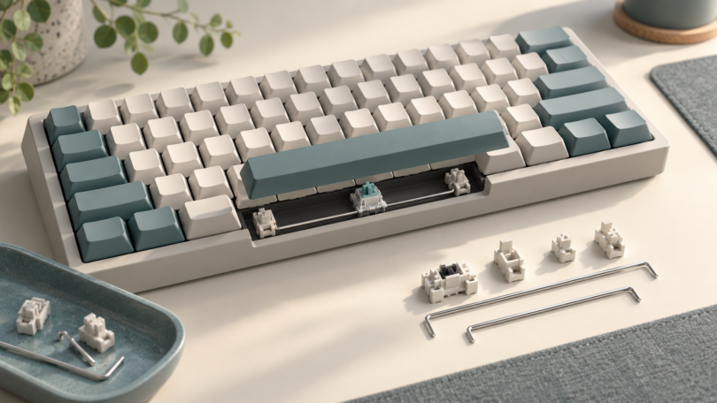 Illustration of an unbranded mechanical keyboard with a lifted spacebar and stabilizer parts on a workbench