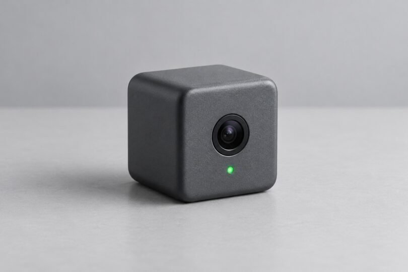 Small unbranded gray cube camera with a green indicator on a plain gray desk.