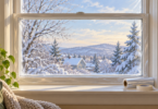 Illustration of clear seasonal window film and installation tape beside an indoor window