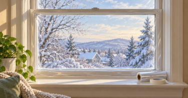 Illustration of clear seasonal window film and installation tape beside an indoor window