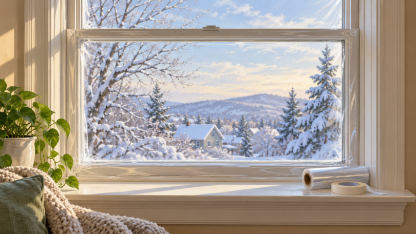 Illustration of clear seasonal window film and installation tape beside an indoor window