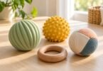 Textured green and yellow balls, a fabric ball and a wooden ring on a sunlit tabletop.