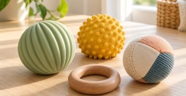 Textured green and yellow balls, a fabric ball and a wooden ring on a sunlit tabletop.