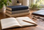 Plain clothbound books, an open blank notebook, pencil and glasses on a sunlit desk beside a closed laptop.