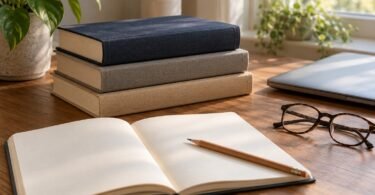 Plain clothbound books, an open blank notebook, pencil and glasses on a sunlit desk beside a closed laptop.