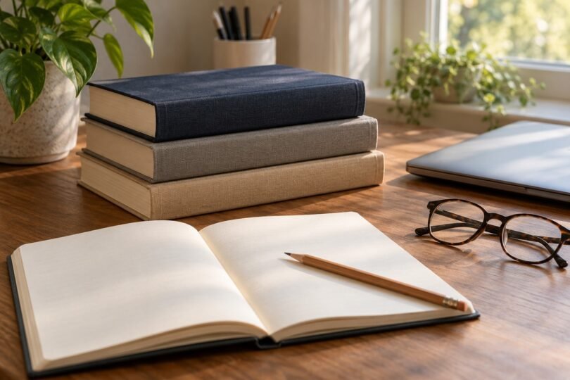 Plain clothbound books, an open blank notebook, pencil and glasses on a sunlit desk beside a closed laptop.