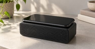 Illustrative unbranded smartphone resting on a compact tabletop speaker.