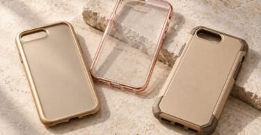 Three generic gold and rose-gold smartphone cases arranged on pale stone