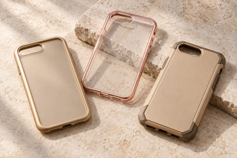 Three generic gold and rose-gold smartphone cases arranged on pale stone