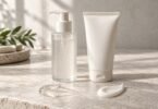 Illustration of unbranded cleanser containers with gel and cream textures on a pale stone surface.