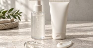 Illustration of unbranded cleanser containers with gel and cream textures on a pale stone surface.
