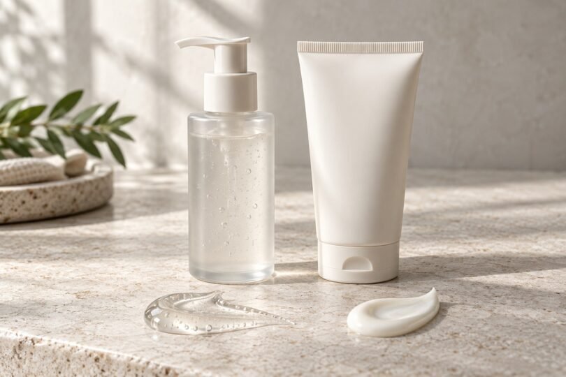 Illustration of unbranded cleanser containers with gel and cream textures on a pale stone surface.