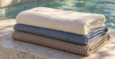 Ivory, slate-blue and taupe towels folded on a stone ledge beside blue spa water.