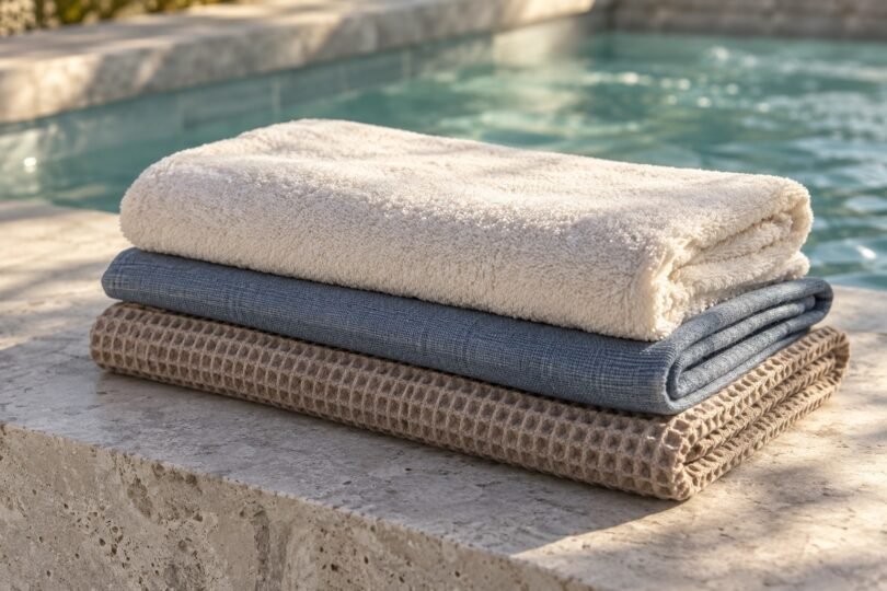 Ivory, slate-blue and taupe towels folded on a stone ledge beside blue spa water.