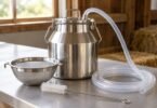 Illustrative stainless steel milk collection pail, strainer, cleaning brush and coiled hose on a workbench.