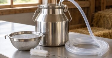 Illustrative stainless steel milk collection pail, strainer, cleaning brush and coiled hose on a workbench.