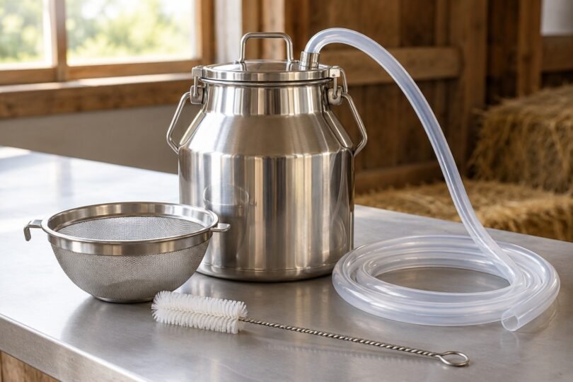 Illustrative stainless steel milk collection pail, strainer, cleaning brush and coiled hose on a workbench.
