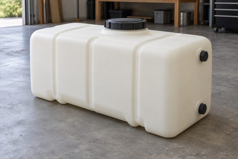 An unbranded rectangular plastic storage tank with capped fittings on a workshop floor