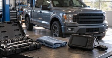Illustration of socket tools and a diagnostic scanner on a workshop bench with an unbranded pickup in the background.