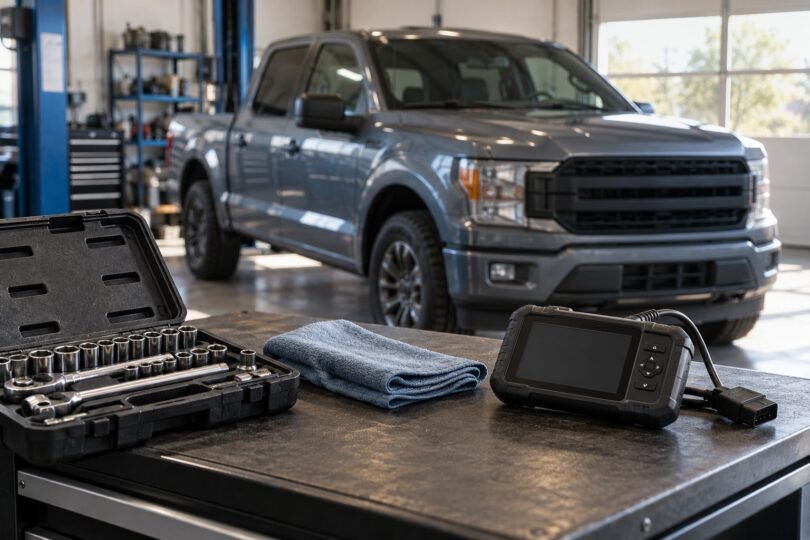 Illustration of socket tools and a diagnostic scanner on a workshop bench with an unbranded pickup in the background.