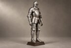 Illustration of a silver-colored suit of armor on a wooden display base against a neutral background