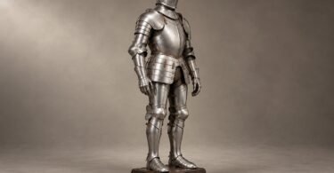 Illustration of a silver-colored suit of armor on a wooden display base against a neutral background