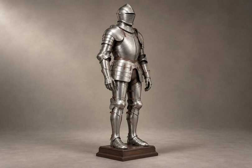 Illustration of a silver-colored suit of armor on a wooden display base against a neutral background