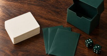 Illustrative still life of blank trading cards, green sleeves, a deck box and dice on a wooden table.