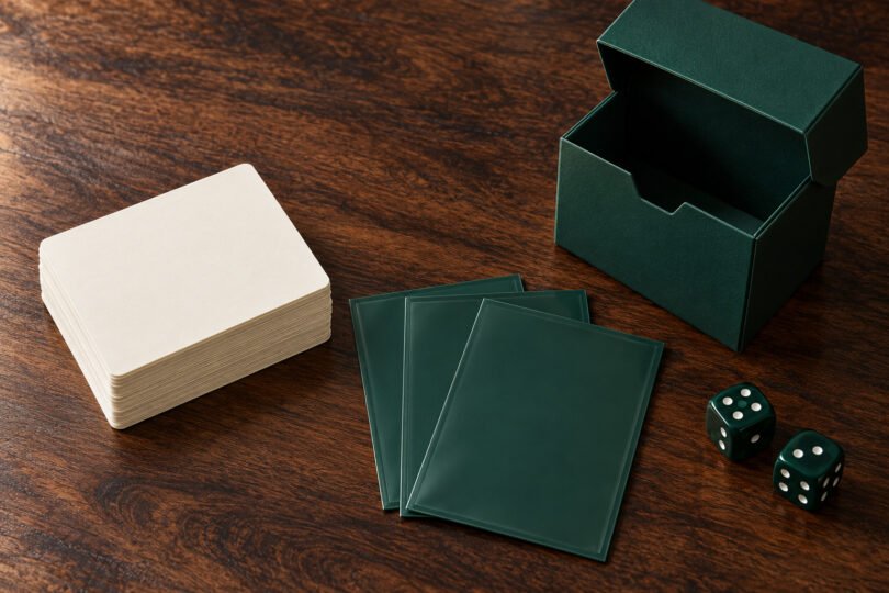 Illustrative still life of blank trading cards, green sleeves, a deck box and dice on a wooden table.