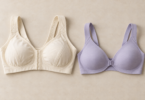 Illustration of two wire-free bras with different front closures and strap styles