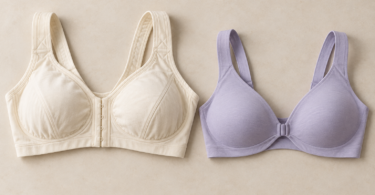 Illustration of two wire-free bras with different front closures and strap styles