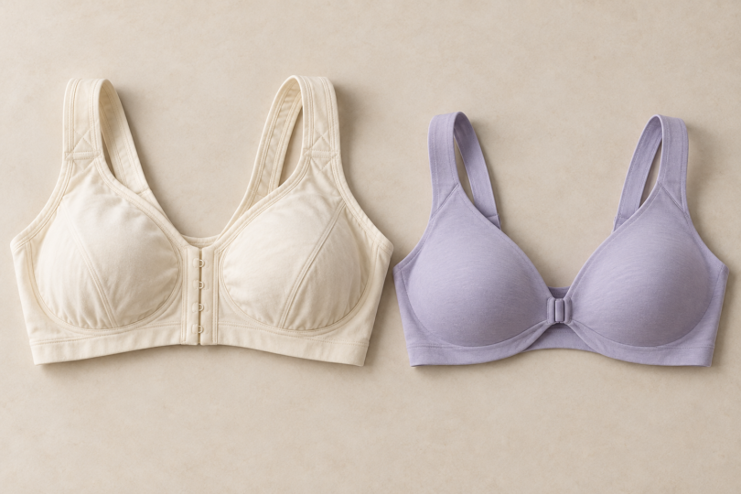 Illustration of two wire-free bras with different front closures and strap styles