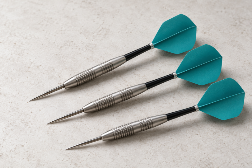 Illustration of three generic steel-tip darts with silver barrels, black shafts and teal flights on a pale tabletop