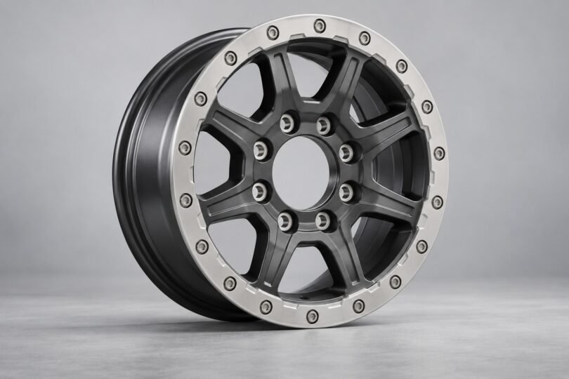 Unbranded eight-lug alloy wheel with a silver bolted outer ring