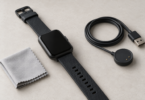 Illustration of a generic black fitness watch beside a charging cable and cleaning cloth
