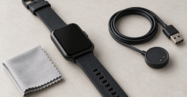 Illustration of a generic black fitness watch beside a charging cable and cleaning cloth