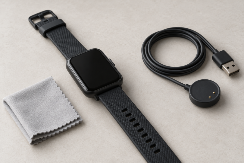 Illustration of a generic black fitness watch beside a charging cable and cleaning cloth
