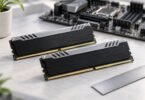 Illustration of two generic desktop memory modules beside a motherboard and a ruler