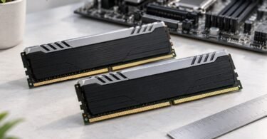 Illustration of two generic desktop memory modules beside a motherboard and a ruler