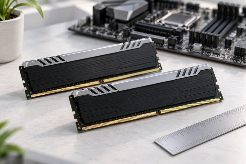Illustration of two generic desktop memory modules beside a motherboard and a ruler
