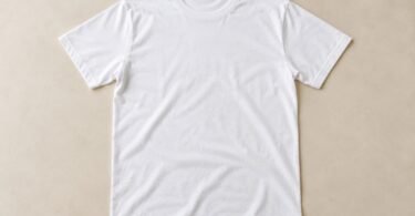 Illustrative blank adult white crewneck T-shirt laid flat on a beige surface.